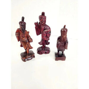 3 x Oriental Wooden Carvings - Chinese Fisherman Mid 1900's
